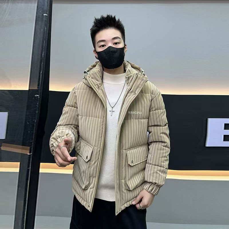 [매우 차가운 시리즈] 두꺼운 후드 다운 코튼 다재다능한 패션 스트라이프 따뜻한 짧은 캐주얼 느슨한 코트