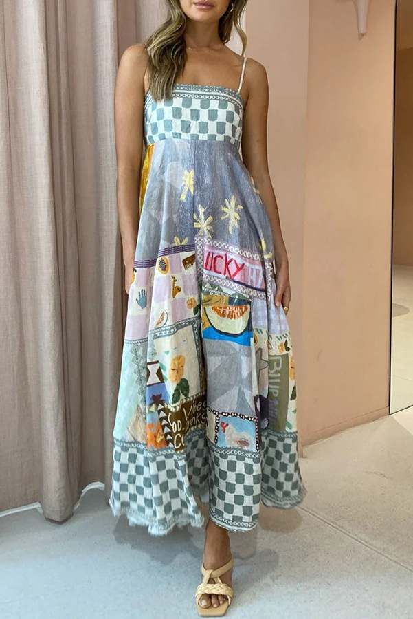 High Waist Waist Line Wholesale Women's Streetwear Printing Geometric Letter Plaid Holiday Beach Strap Sleeveless Strap Dress