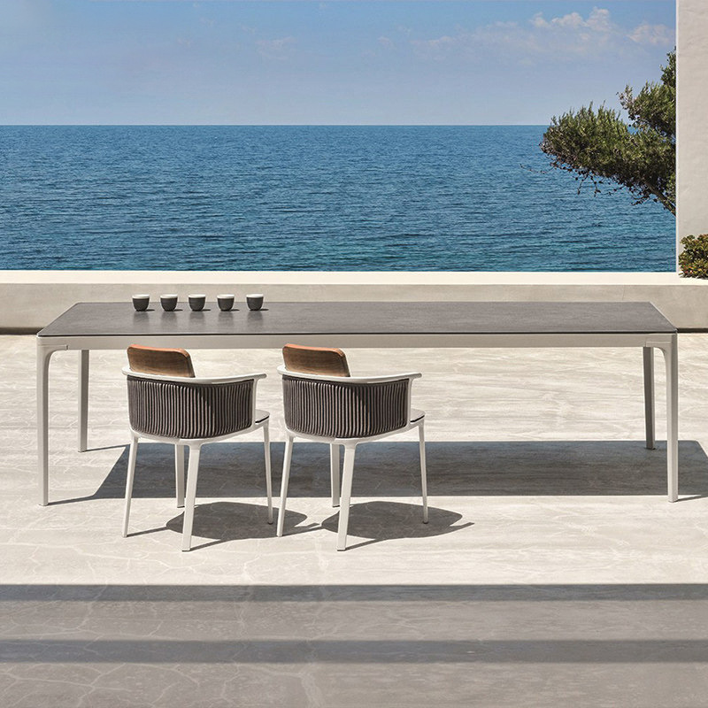 Mesas y sillas de patio para exteriores, diseño para hoteles, villas y resorts, mesas impermeables y resistentes al sol, mesas y sillas de aleación de aluminio para jardín y terraza