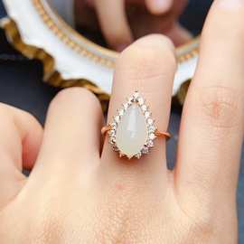 新款天然和田白玉戒指S925银镶嵌主石8*13mm百搭网红爆款女饰批发