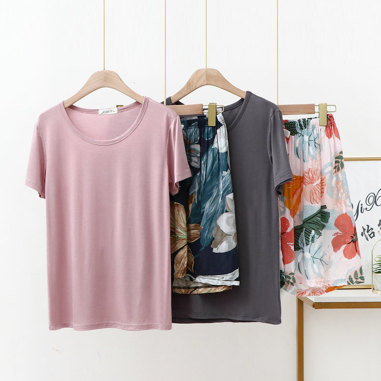 in stock Generation Summer Home Clothes suit Women's Modal Round Neck Short-sleeved T-shirt Top Loose Cotton Silk Wide-leg Shorts