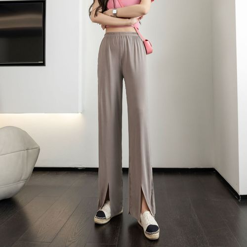 Front-split high-waist wide-leg summer thin version flowy slimming straight-leg pants for plus size casual floor-length pants