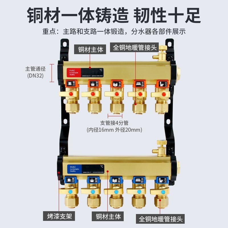 L6-B 1/1.2寸拉丝封漆地暖家用分水器全套全铜可清洗黄铜加厚壁管|undefined