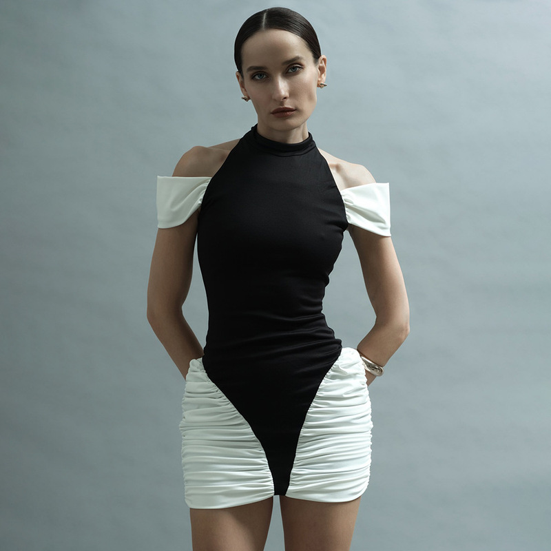 In Stock | Summer Women's New Fashion Color-Blocking Sexy Hourglass Ruched Halter Neck Sleeveless Short Dress.