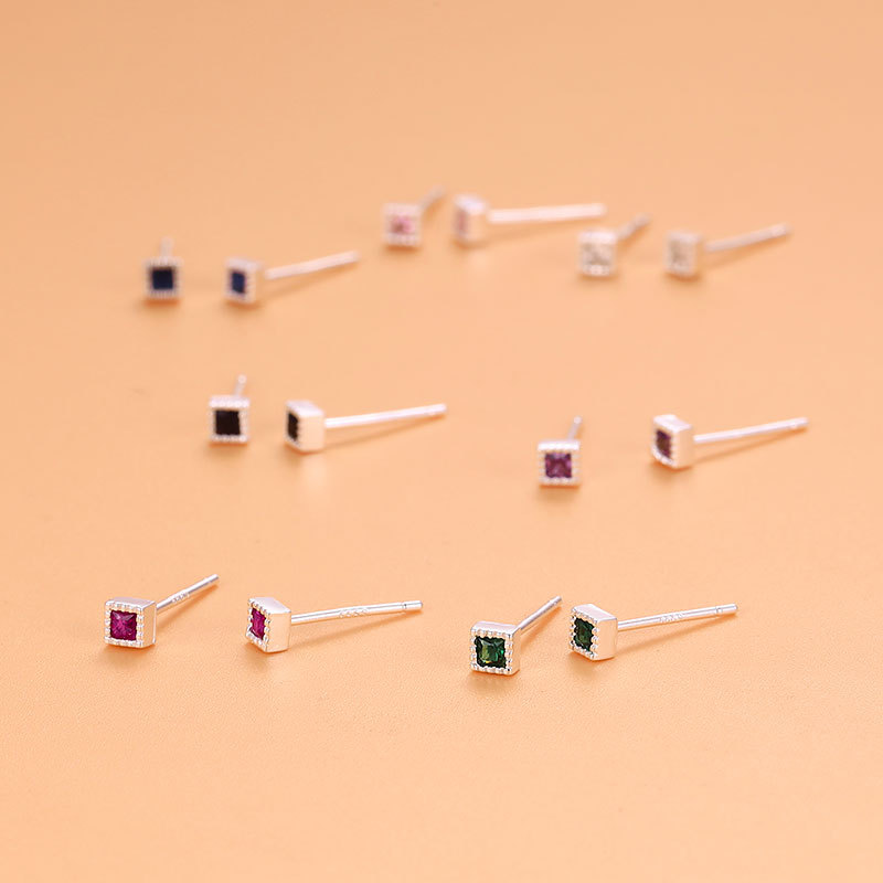 4g Weight Rhinestones Inlay Material Ear Studs Classification 1 Pair Quantity Street Occasion 925 Sterling Silver Material Square Pattern Women'S Gender Plating Design Simple Style Style 1 Pair 925 Sterling Silver Rhinestones Square Ear Studs 2