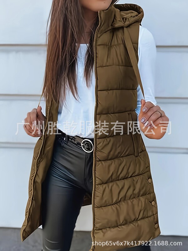 跨境爆款欧美2025亚马逊外贸纯色连帽拉链棉马甲外套女装中长款女|undefined