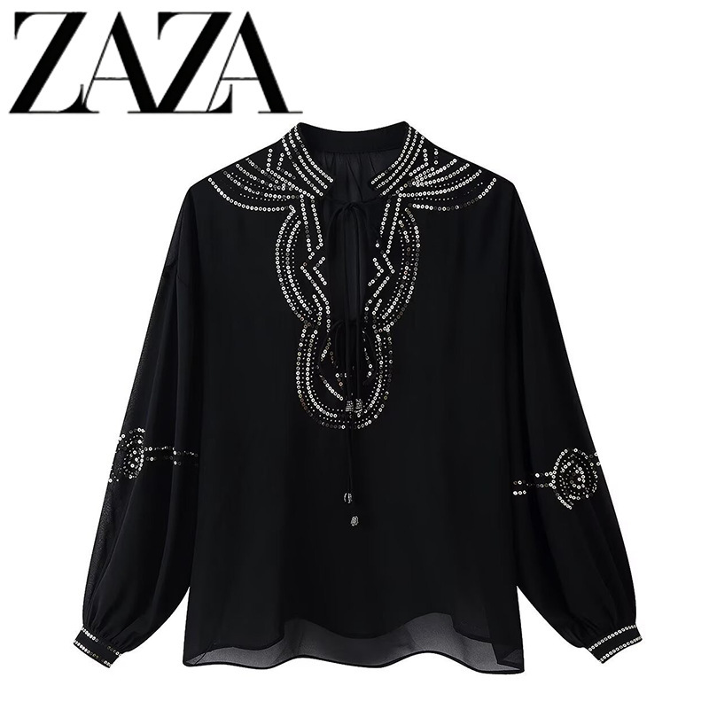 Zaza Self-Made European and American Style Wholesale Women's Clothing, Fashionable and Versatile, Cross-Border Style Stand-Collar Sequin Beaded Shirt Zaza Self-Made European and American Style Wholesale Women's Clothing, Fashionable and Versatile, Cross-Border Style Stand-Collar Sequin Beaded Shirt