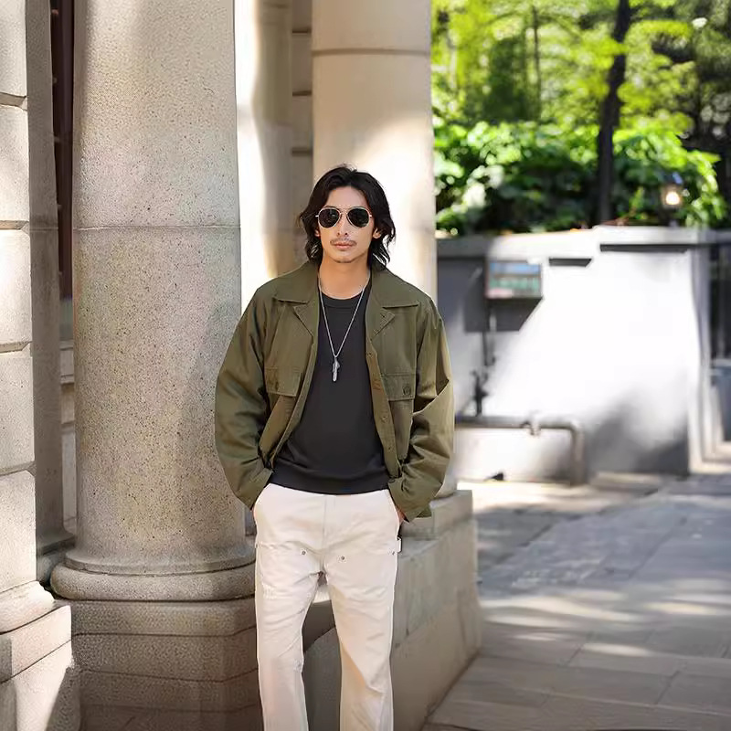 OKONKWO espiga patrón HBT camisa funcional campo chaqueta abrigo M43 cuello cubano manga larga camisa abrigo