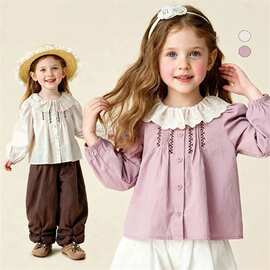 女童春装衬衫上衣2026新款春季儿童衬衣洋气女孩娃娃领棉衣开衫