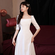晚礼服女白色小2021新款主持人生日宴会小个子平时可穿连衣裙夏季