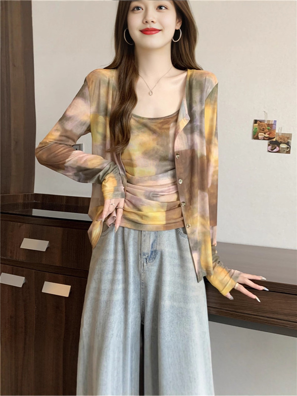 大码女装秋装新款设计感时尚修身显瘦扎染吊带开衫两件套上衣|undefined