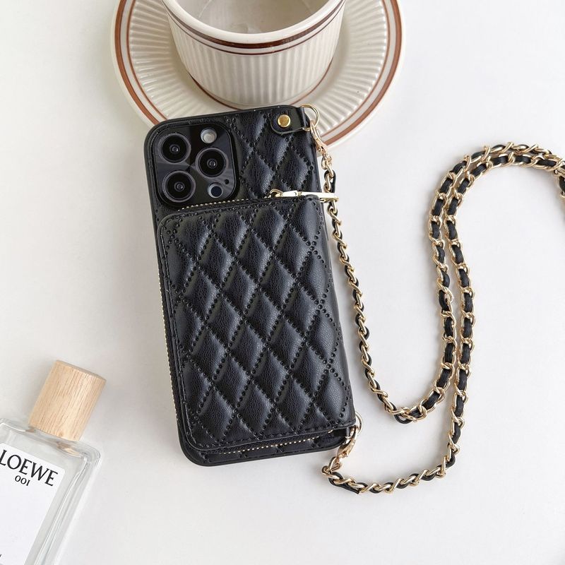 Suitable for Iphone17Promax Small Fragrance Zipper Card Holder Mobile Phone Case Samsung S25U Shoulder Strap Protective Leather Case