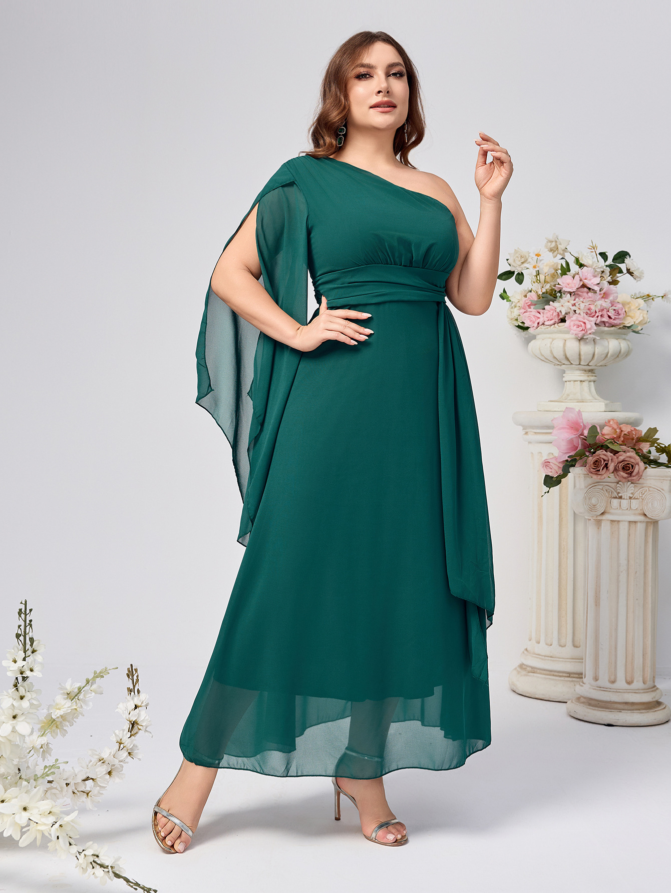 2024 verano nuevo estilo comercio exterior ropa de mujer gasa cuello diagonal gran swing vestido de talla grande fiesta de citas banquete al por mayor image 4