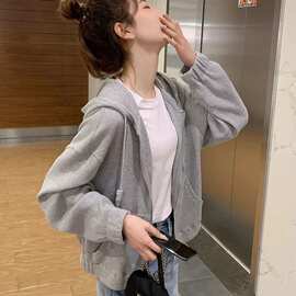 2024年韩版新款连帽外套女春秋季运动宽松休闲拉链上衣连帽卫衣女