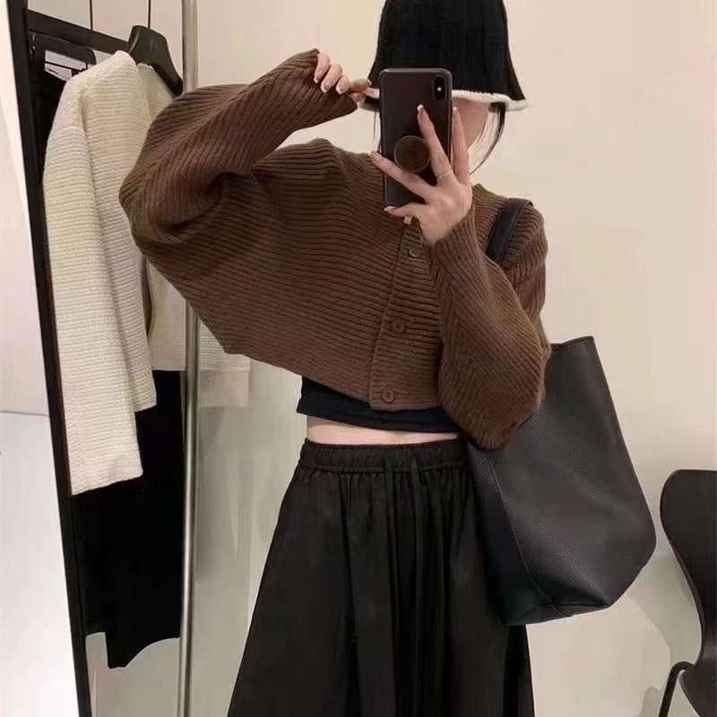 秋冬季新款纯色坑条设计感针织毛衣女外套休闲慵懒风短款宽松开衫|undefined