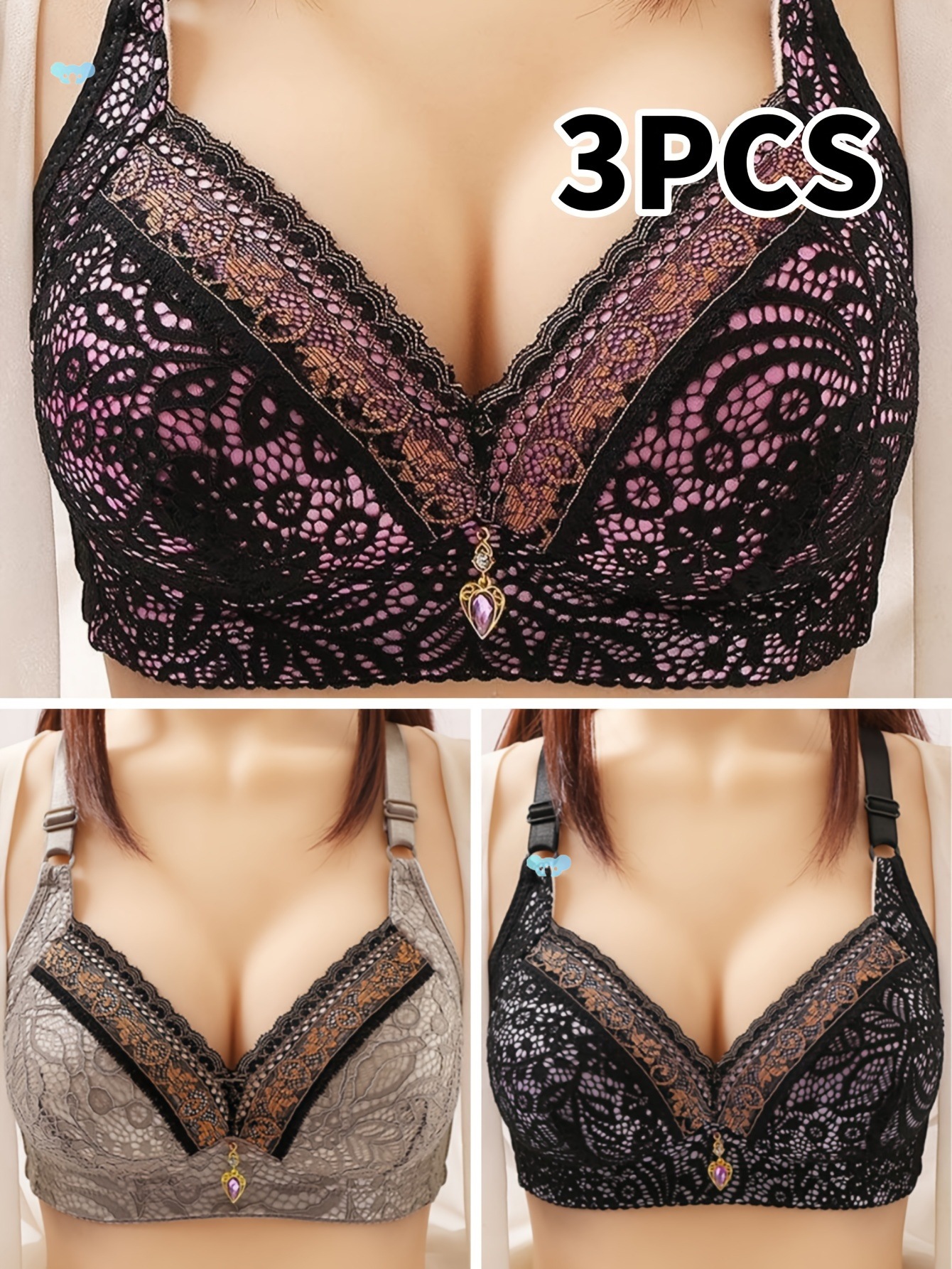 3-Pack Elegant Lace Push-Up Bras for Women , High Support