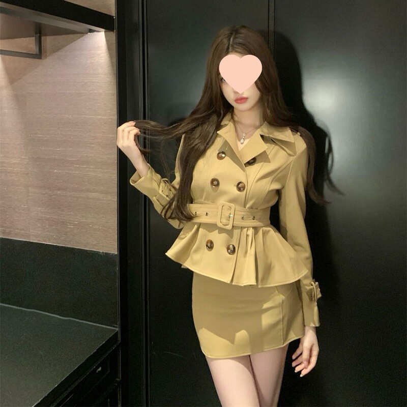 卡其双排扣外套女春秋+裙裤两件套秋季收腰气质裙套装|undefined