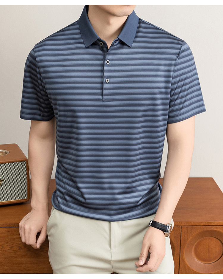 Áo polo nam tay ngắn cổ bẻ sọc kẻ chất liệu tơ tằm mulberry mềm mịn — Vàng tím 8878 chi tiết 22