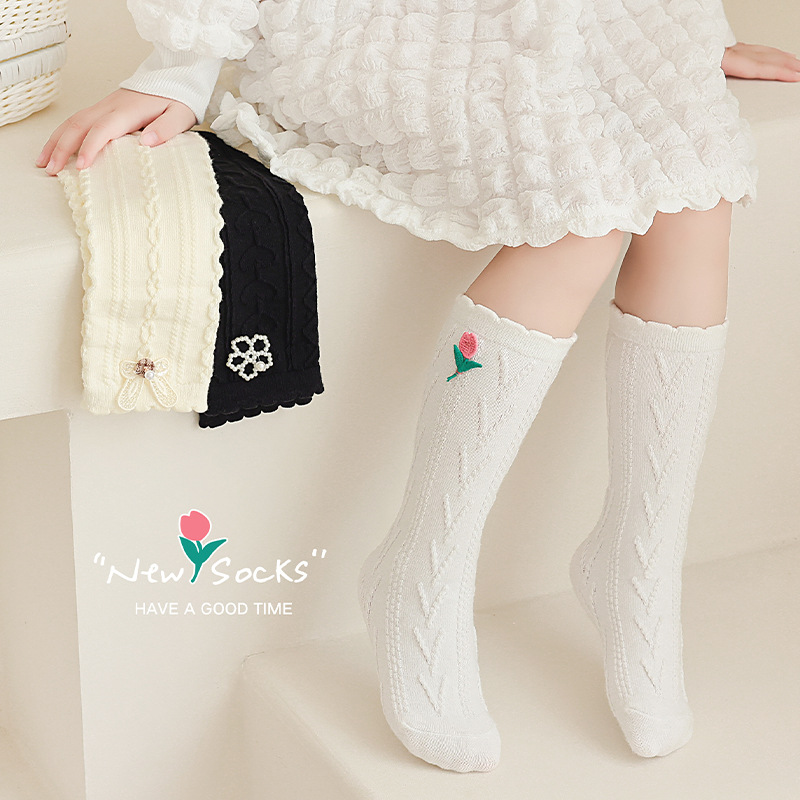 Girls' socks 2024 Spring and Autumn New Korean Pastoral Style Flowers Bows Lace Princess Pile Socks Trendy Wholesale