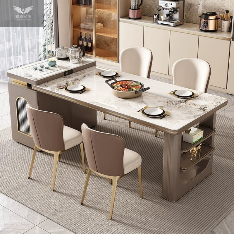 Combinación de mesa de comedor multifuncional simple y retráctil con estufa electromagnética de viento de lujo ligera integrada con mesa de comedor de plataforma de isla doméstica