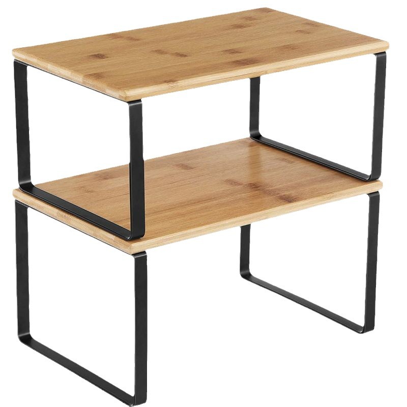 Hierro y madera combinado rack de almacenamiento de escritorio de almacenamiento rack de cocina apilable organizador encogimiento rack de almacenamiento