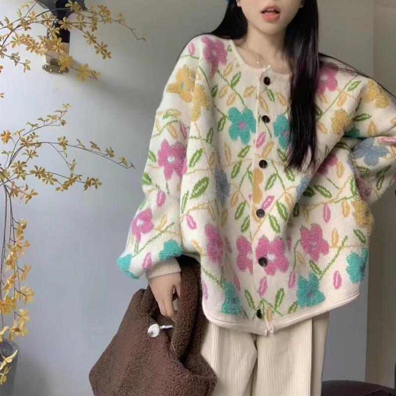 Lazy Style Loose Slimming Towel Embroidery Sweater Coat for Women, New Autumn and Winter 2025 Floral Round Neck Knitted Cardigan for Women