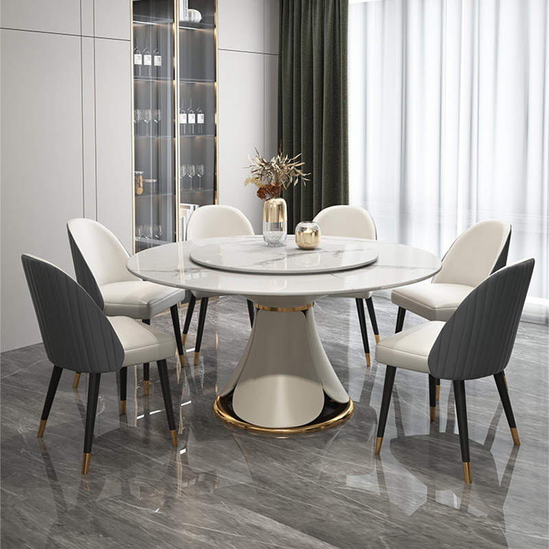 意大利亮光岩板餐桌椅圆形现代轻奢风高端意式极简家用圆桌带转盘