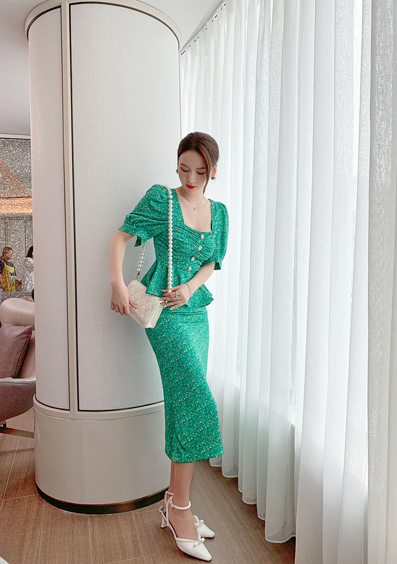 Bộ thời trang đường phố phong cách Salt mùa hè 2026 mới, áo bèo nhún eo cao, chân váy cạp cao, bộ hai mảnh — Màu xanh lá chi tiết 17