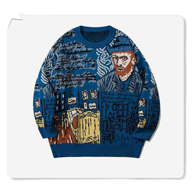 YWFG marca de moda de otoño e invierno pintado completo graffiti pullover pareja suéter casual perezoso estilo flojo japonés suéter de los hombres