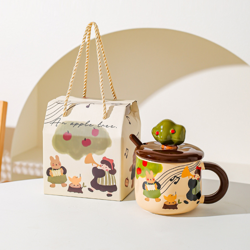 Apple Tree Girl cerámica vintage taza de alto valor con cuchara de cubierta taza de agua de oficina taza de café taza de desayuno