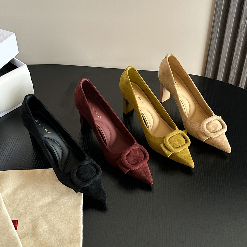 3616-8 Autumn/Winter Vintage Mustard Green Suede Pointed Toe Chunky Heel Shoes with Square Buckle and Three-Dimensional Bow, Unique High Heels for Women