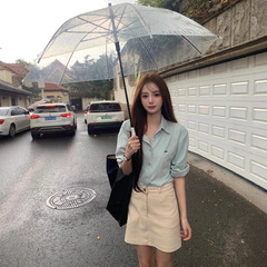 Peaceonesoul自制薄荷绿衬衫女长袖秋季高级感上衣小个子打底衬衣