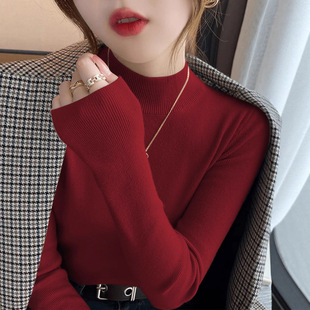 Angora Red Wool Base Shirt for Women, Autumn and Winter Coat Inner Layer, Slim Fit Half-High Collar Sweater, Stylish and Slimming Knitwear