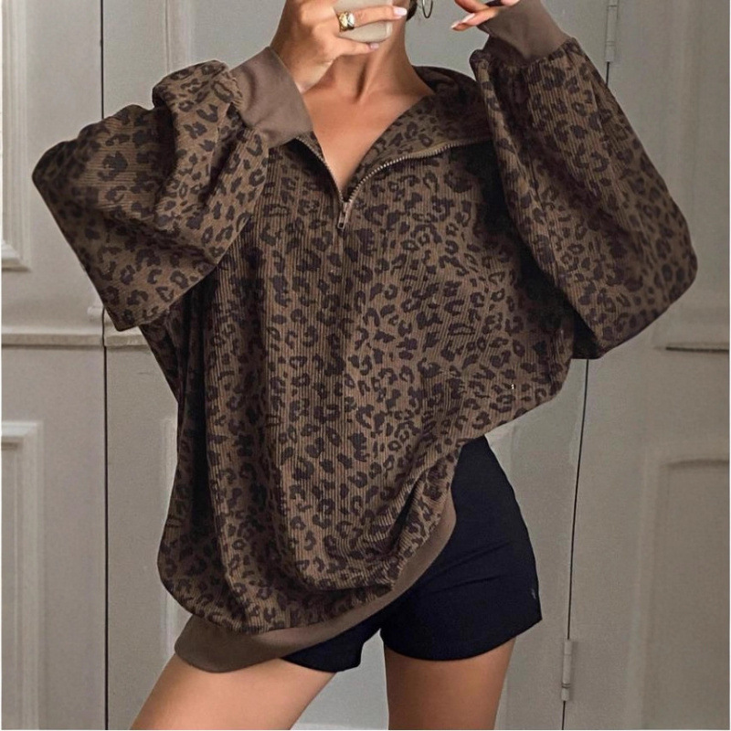 Cross-Border Amazon Independent Site European and American Popular Women's Casual Leopard Print Corduroy Zipper Poio Sweatshirt