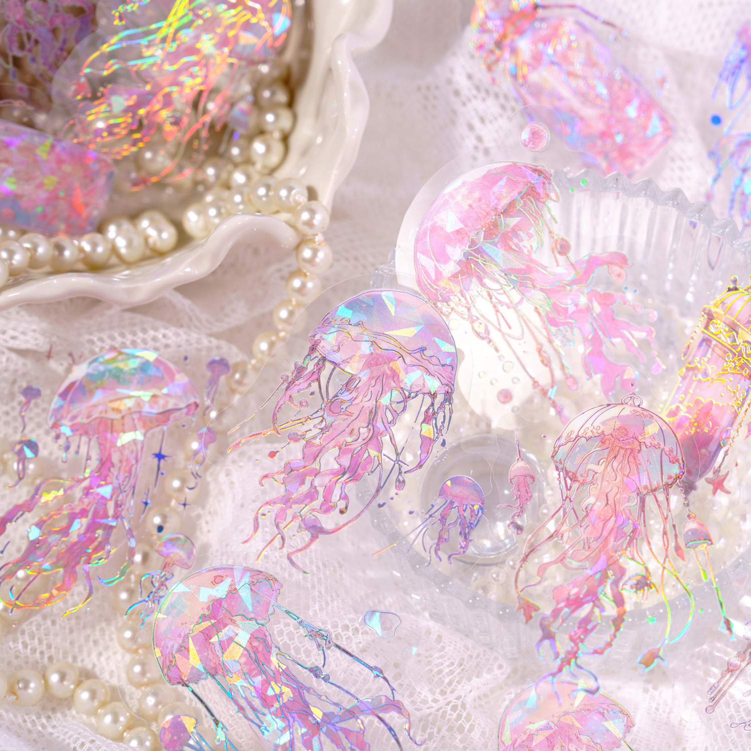 Mo mo wujie serie de medusas Paquete de pegatinas de mascotas fantasía acuarela láser Shell material del océano diario Goo tarjeta pegatina