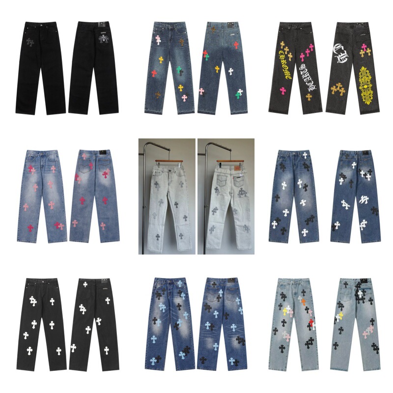 Cross-Border New Fashion Hot-Selling Original Button High-End Patchwork Cross Silver Horsehair Loose Jeans for Men and Women