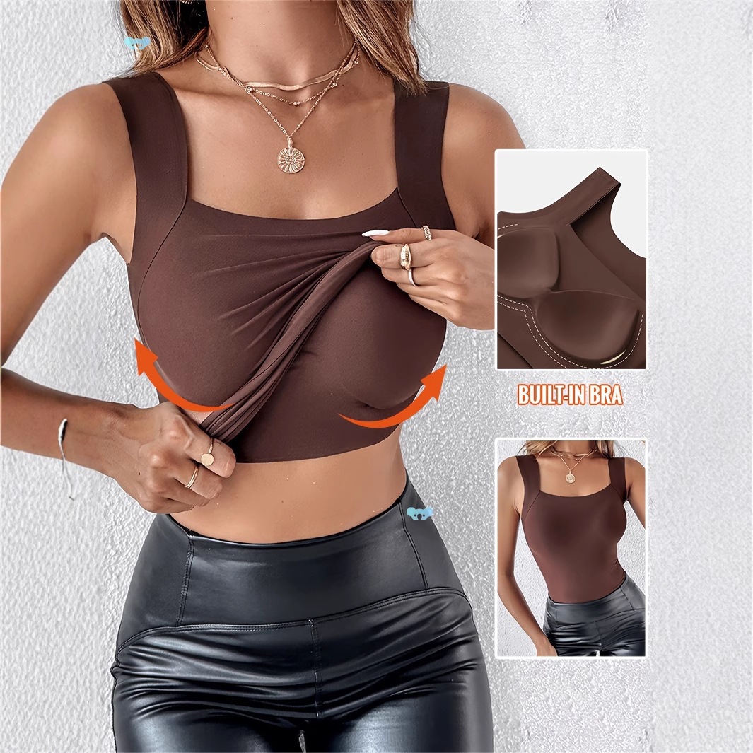 2026 Cross-Border Amazon Women's Fashion Solid Color Padded Outerwear Base Layer Home U-Neck Tank Top