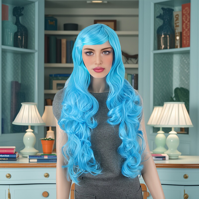 European and American Style Full Head Curly Wave Wig, Versatile Cos Wig with Long Bangs, Synthetic Fiber, High-Temperature Resistant, Sky Blue, Aqua Blue