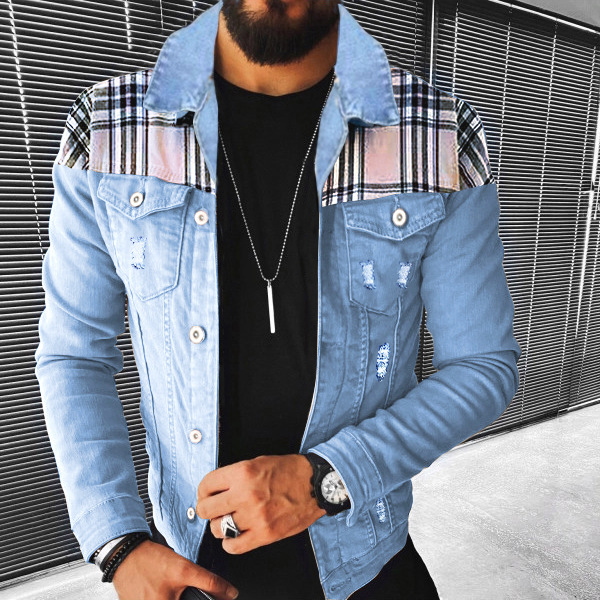 Heren casual multi bag plaid patchwork denim jack trendy heren herfst en winter nieuw product_voghion.com