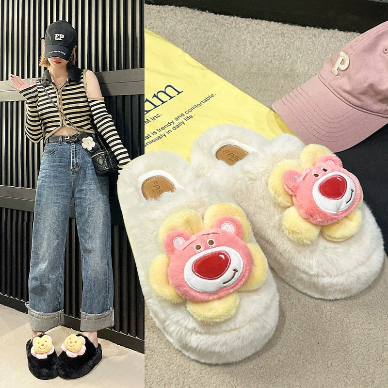 Симпатичные клубничные медвежонок шерстяные тапочки женские снаружи носят осень и зима 2024 новая толстая подошва пушистая домашняя ватная головка