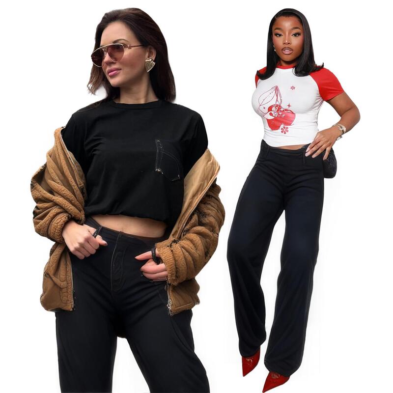 Q6242 European and American Cross-Border Women's Clothing Fashion Casual Elegant Slim-Fit Top Trendy Jacquard Wide-Leg Jeans Set