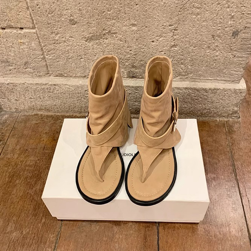 Grape Mom verano nuevo estilo de moda chica caliente hebilla de punta redonda para llevar sandalias de cuña de tubo medio verano femenino