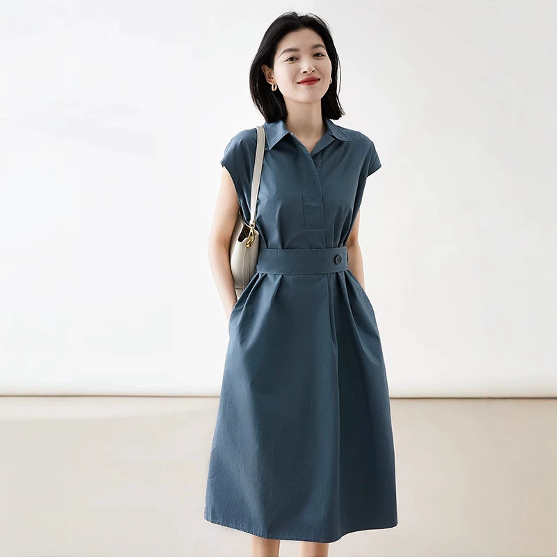 Đầm suông midi cổ polo tay ngắn phong cách Pháp — đen chi tiết 4