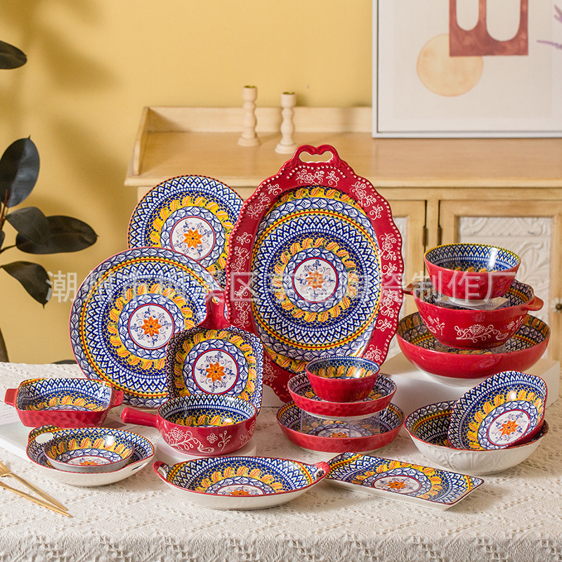 Scandinavian Underglaze Color Ceramic Bowl Plate Household Rice Soup Bowl Tableware Set Double Ear Plate Bowl Salad Handle Bowl Scandinavian Underglaze Color Ceramic Bowl Plate Household Rice Soup Bowl Tableware Set Double Ear Plate Bowl Salad Handle Bowl