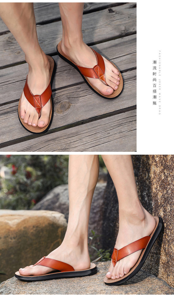 Dép lê nam quai ngang xỏ ngón chống trơn trượt, dép da đi biển cỡ lớn — Kaki, Màu trắng, Màu xanh lam, Nâu vàng chi tiết 9