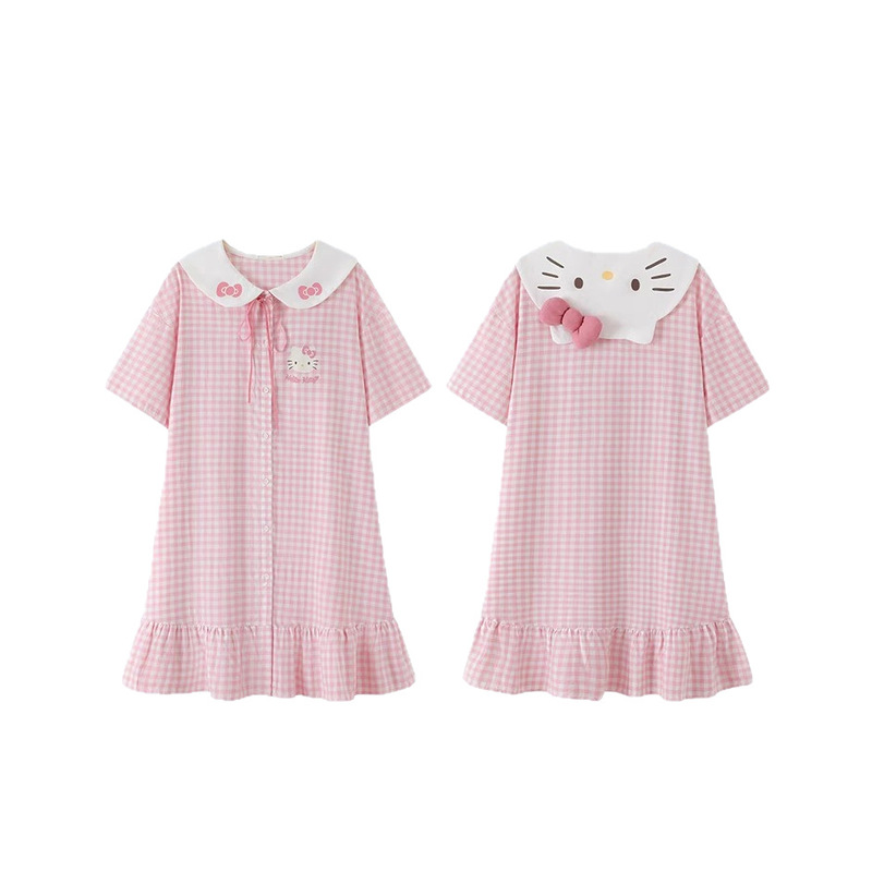 良質ソース工場ナイトガウン夏ネイビーカラーピンクと白シリーズキティ新しいテンセル綿ホーム服|undefined
