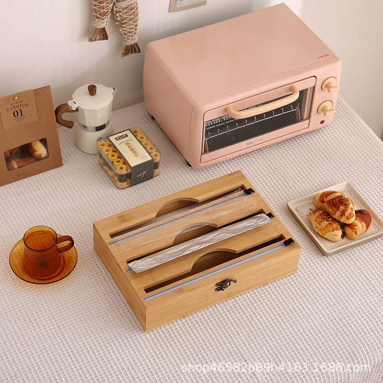 Caja de almacenamiento de bambú para cocina, cortador de papel film y papel de aluminio, organizador de clasificación de bambú para cajones, caja de bambú simple
