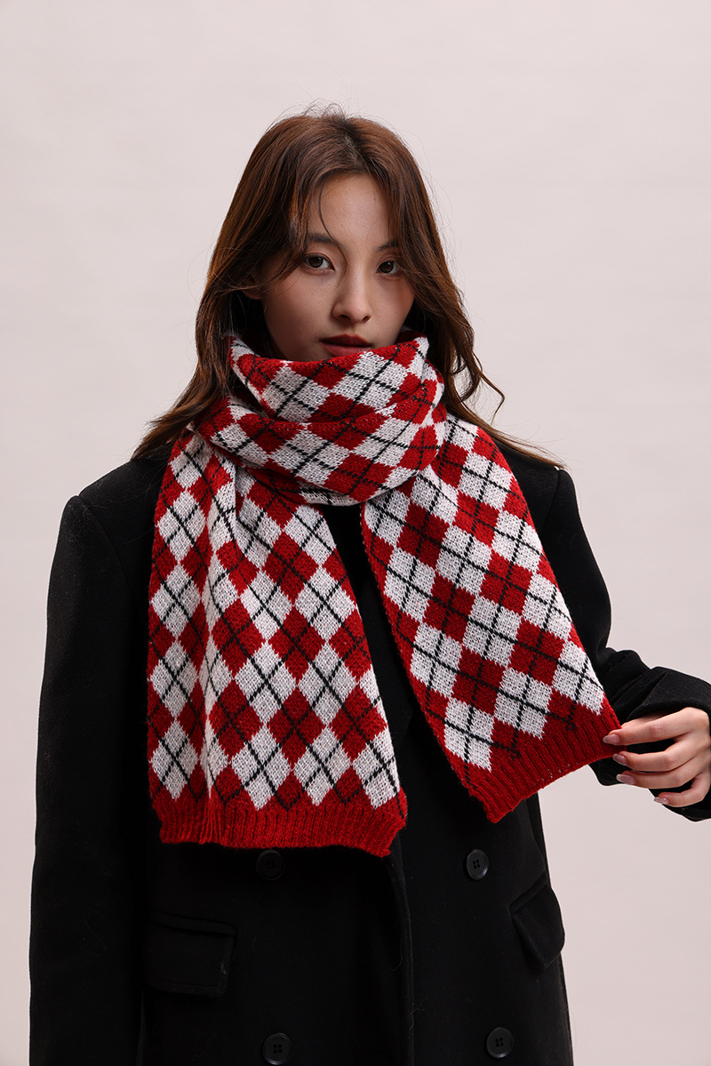 Sciarpa lavorata a maglia autunno inverno nuova con griglia a rombi, collo spesso e caldo, versatile per coppie, morbida_voghion.com