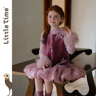 littletime女童连衣裙2026秋新款儿童金丝绒网纱公主裙花苞背心裙