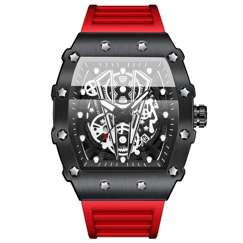 Reloj de Cuarzo Deportivo Tipo Tonel para Hombre de Silicona y Metal Diseño Calado, Impermeable 30m, Luminoso para Uso Deportivo y Casual